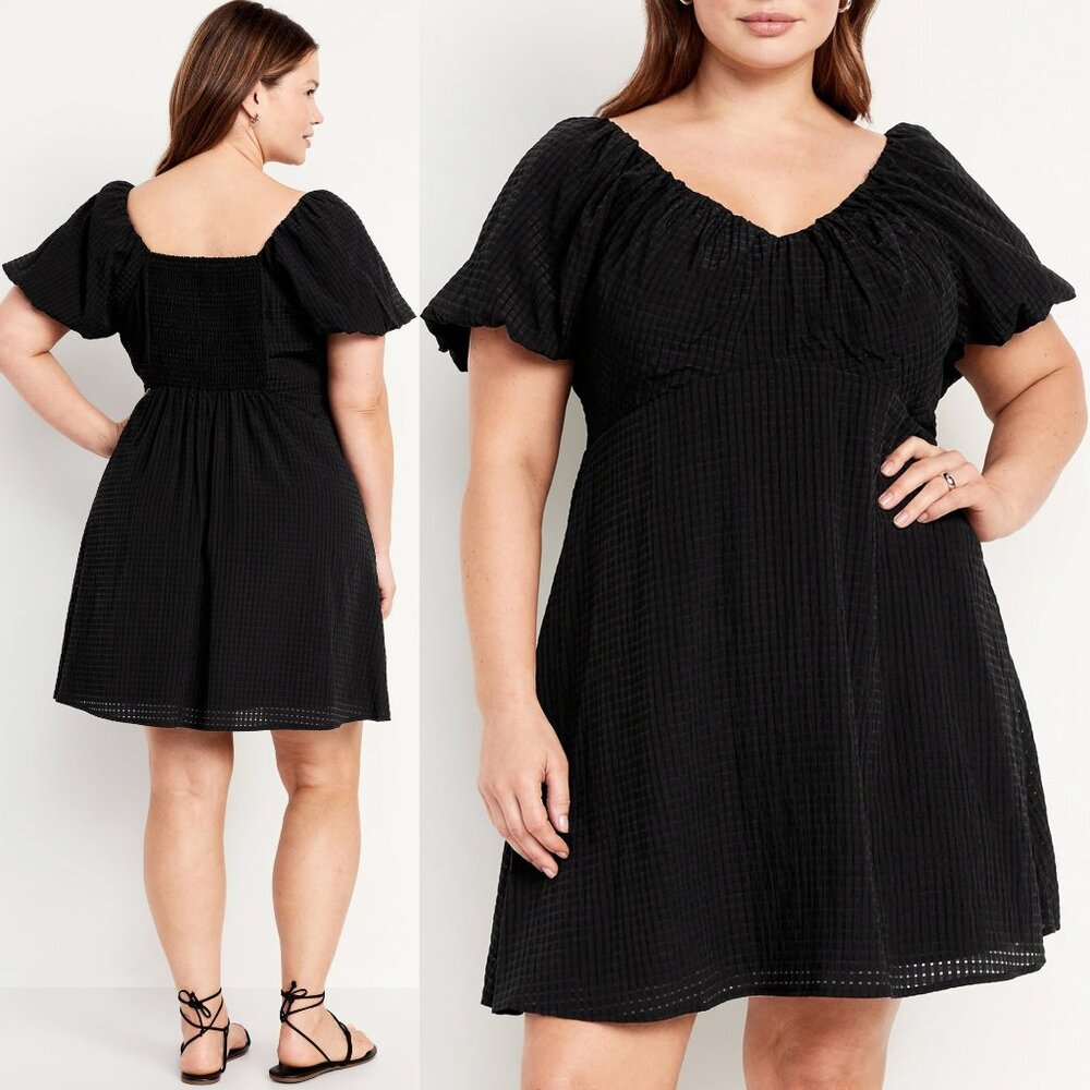 NEW Old Navy Flutter-Sleeve Mini Swing Dress Black Jack Textured Seersucker 3X - Picture 1 of 15